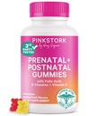 핑크 Stork Fertility + Prenatal + Postnatal Gummy Vitamins - 풀 어드벤처 여행 지원 - Folate, B 비타민, 아연 및 Biotin과 멀티 비타민 - 60 분류 과일 Gummies