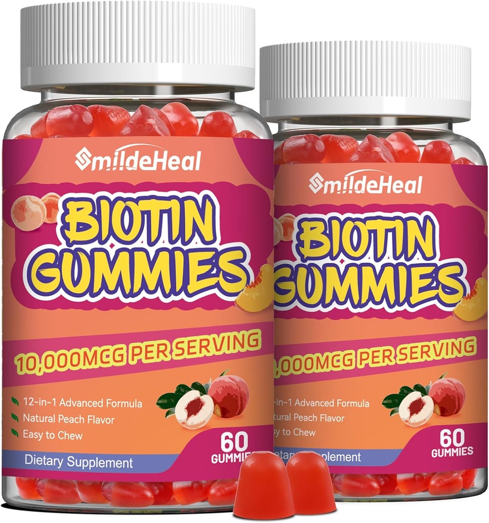 머리 성장 10000 mcg, 머리 피부 및 못을 위한 2 팩 Biotin Gummies는 Folic 산, 비타민 A, B, C, E & D의 여자 & 남자를 위한 Vegan 생물 비타민, 120 Gummies를 가진 거짓합니다