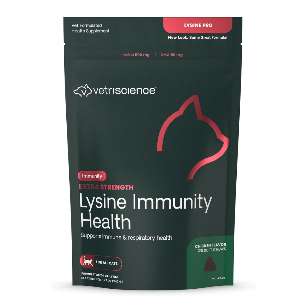 VETRISCIENCE Extra Strength Lysine Immunity Health Chews - 모든 연령대의 고양이를위한 면역 보충 - 면역 기능, 눈 건강 및 심혈관 기능 지원 - 120 개