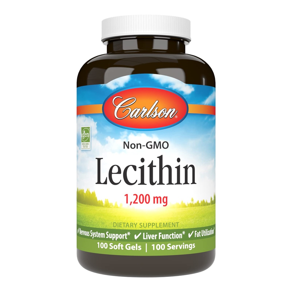 Carlson - Lecithin, 비 GMO, 1200 mg, Nervous 체계 & 간결 기능, Unbleached Soy Lecithin, 100 Softgels
