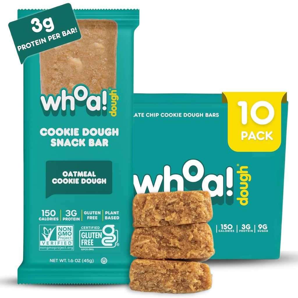 Whoa Dough Edible Cookie Dough Bars- Certified Non-GMO, Kosher and Gluten Free Bar - 건강한 스낵 식품 - 실제 재료로 만든 식물 기반 스낵 - 오트밀 쿠키 반죽 - 10 팩