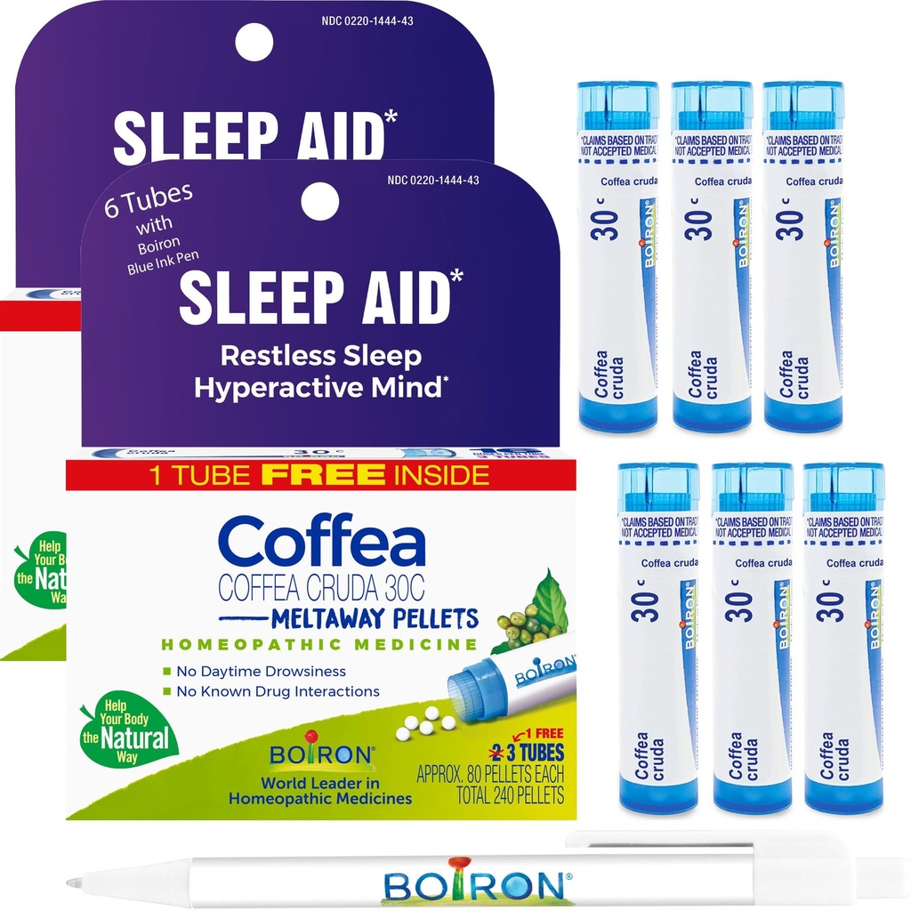 Boiron Coffea Cruda 30C - 6 총 블루 튜브 - 무수한 수면을위한 Homeopathic 수면 보조, 정신 장애, 레이싱 사고, 블루 잉크 펜과 Difficulty 자