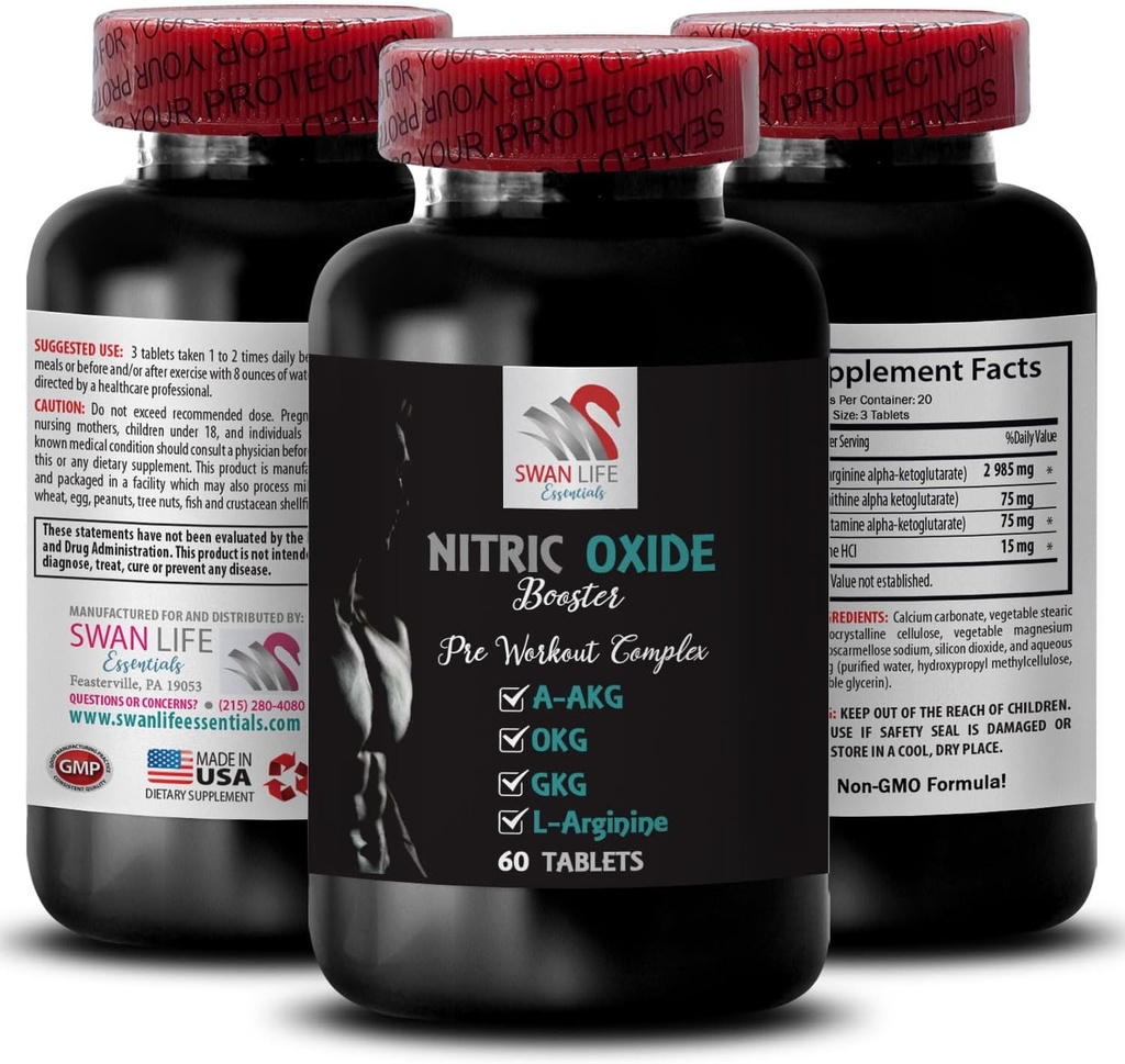A-AKG - NITRIC OXIDE BOOSTER - 남성, 운동 에너지, 펌프 전력, 피트니스 수식, 내구 수식, 성능 초점, 에너지 혼합, 파워 부스트 1 병 60 정제를위한 질소 산화물 보충