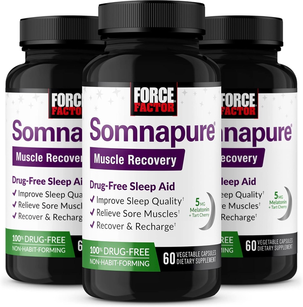 FORCE FACTOR Somnapure 근육 회복 Melatonin 5mg, Holy Basil 및 L-Theanine, 수면 지원, 근육 탄력 기복 및 근육 회복, 180 모자, 3-Pack을 가진 성인을 위한 수면 보조