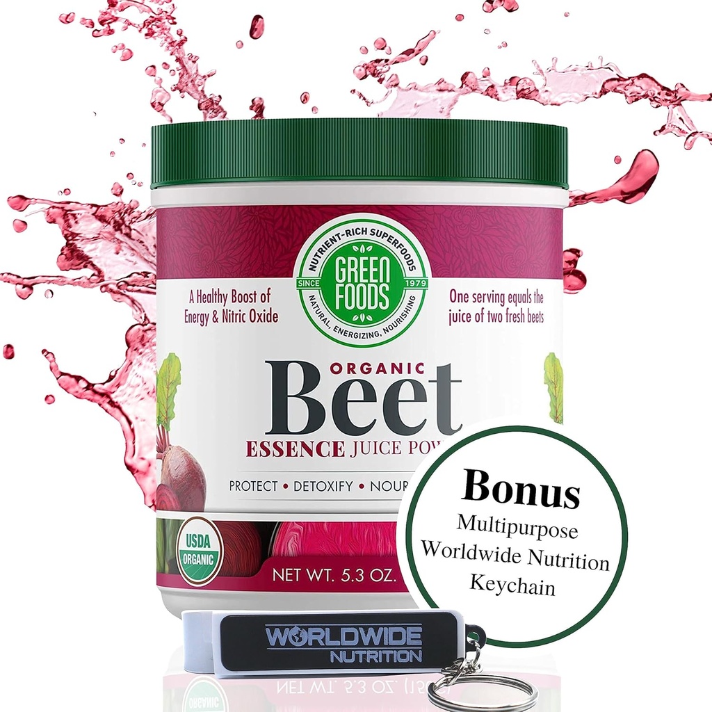 Green Foods - 유기농 Beet Esssence 주스 분말 - 니트로 산화물 슈퍼 푸드, 전체 식품 산화제, 천연 에너지, 내구시간, Detox, 5.3oz (30 서빙) 보너스 키 체인