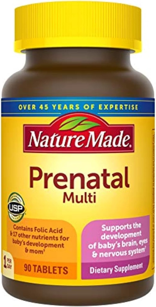 Nature Made Prenatal Multi, 90 Tablets, Folic Acid + 17 Prenatal Vitamins & Minerals to Support Baby Development and Mom, 비타민 D3, 칼슘, 철, 이오딘, 비타민 C 및 기타 (포장 3)
