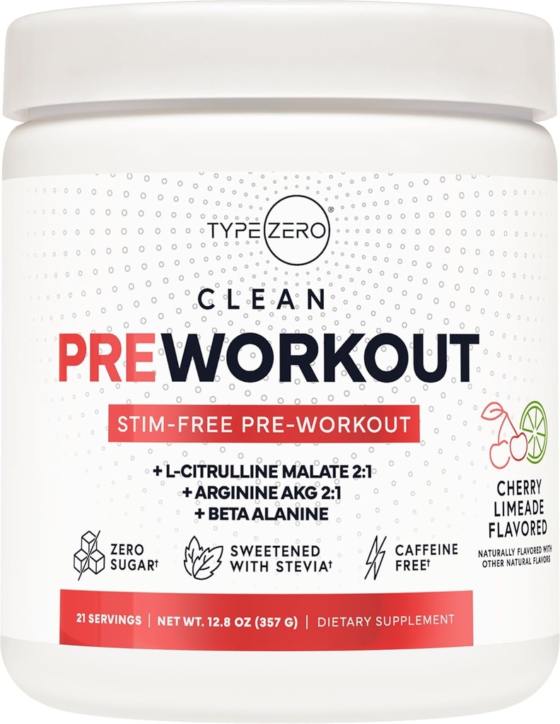 유형 Zero Ultra Clean Stim Free Pump Pre Workout + Nitric Oxide Booster (Cherry Limeade) - 남성 및 여성을위한 비 자극 및 카페 - 무료