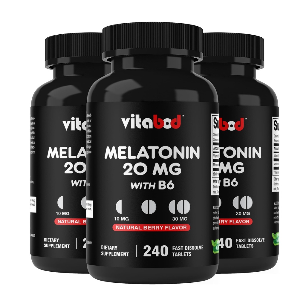 Melatonin 20 mg - 240 빠른 용해 정제 - 약물 무료 - 천연 베리 맛 - 채식주의, 비 GMO, 글루텐 무료 240 개 (패키지 3)