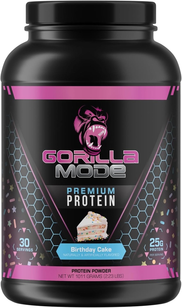 Gorilla Mind Premium Whey Protein - 생일 케이크, Whey Protein Isolate & Concentrate의 25 그램, 회복 및 근육 구축 (30 서빙)