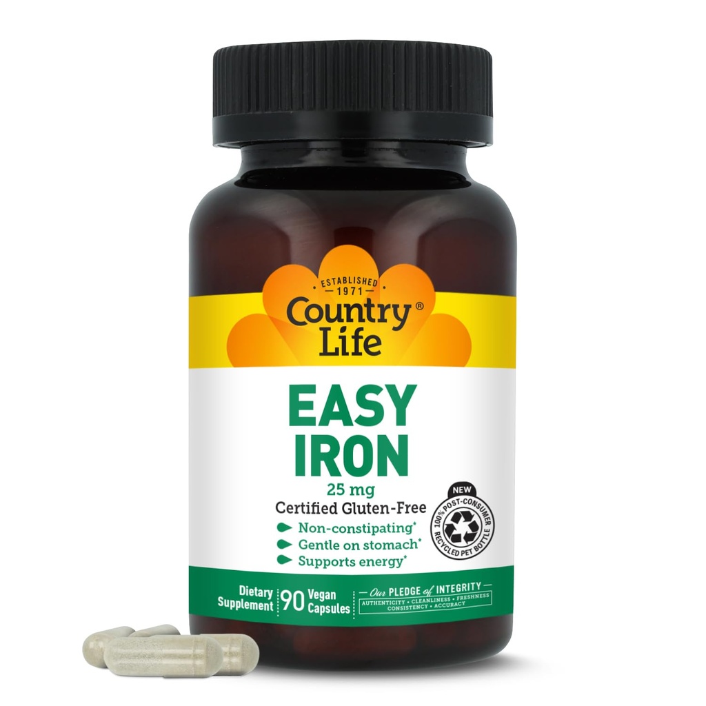 Country Life Easy Iron 25mg Capsules - Gentle Non-Constipating Ferrochel - 여성 및 남성을위한 채식 비타민 보충 - 신체 에너지 지원