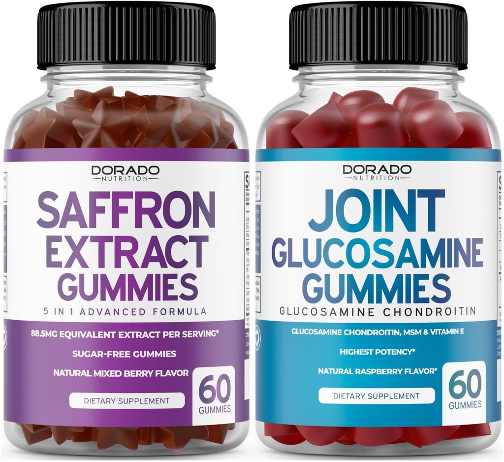 Saffron (60 Gummies) 프리미엄 5 1 고급 공식 - 맛있는 라즈베리 맛과 Glucosamine Chondroitin Joint Supplement (60 Count) 남성 및 여성을위한 공동 보충제 - Vegan Safe & Made in USA