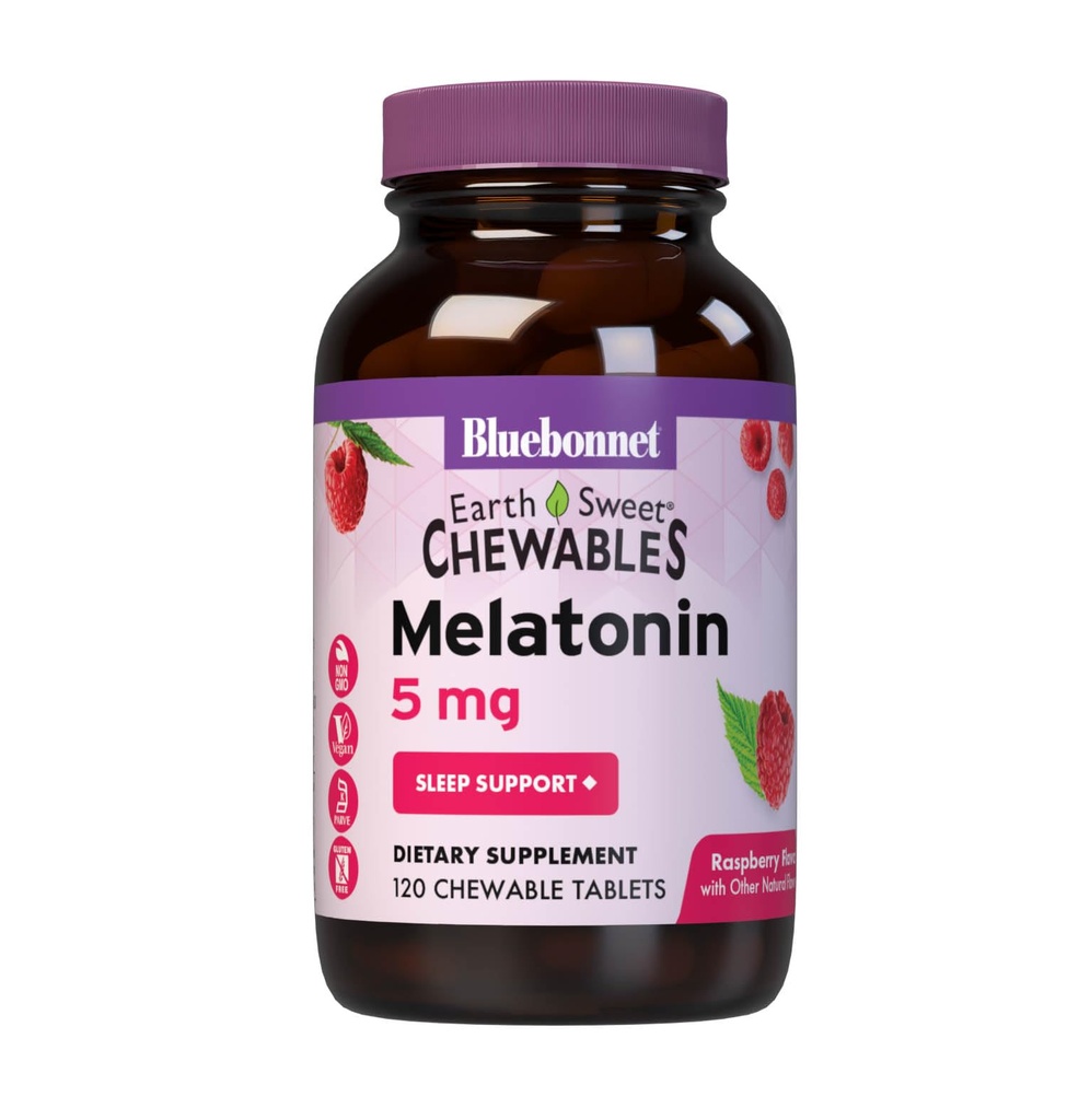 Bluebonnet 영양 EarthSweet Melatonin 5 mg 빠른 절연 야간 휴식 및 휴식 수면 지원 - 수면 보조 - 글루텐 무료, Vegan - 라즈베리 맛 - 120 Chewable 정제
