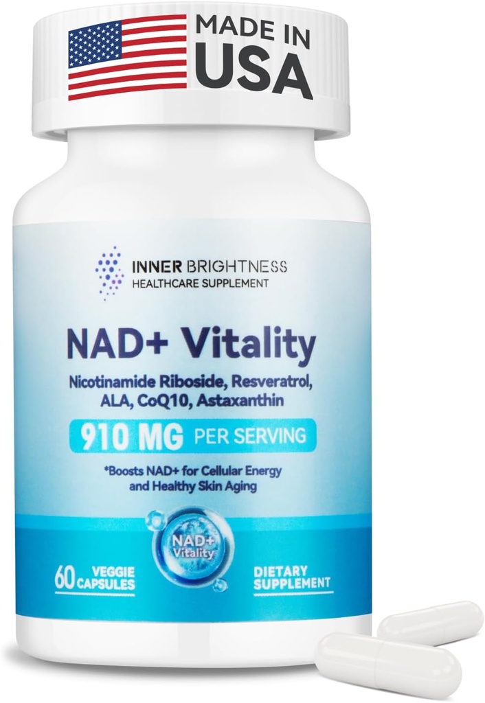 NAD + 여성을위한 보충, 900MG Nicotinamide Riboside (NR), Resveratrol, CoQ10, Alpha-Lipoic Acid, Astaxanthin - 셀룰러 에너지 및 수리, 건강한 노화 지원 - 60 채식 캡슐