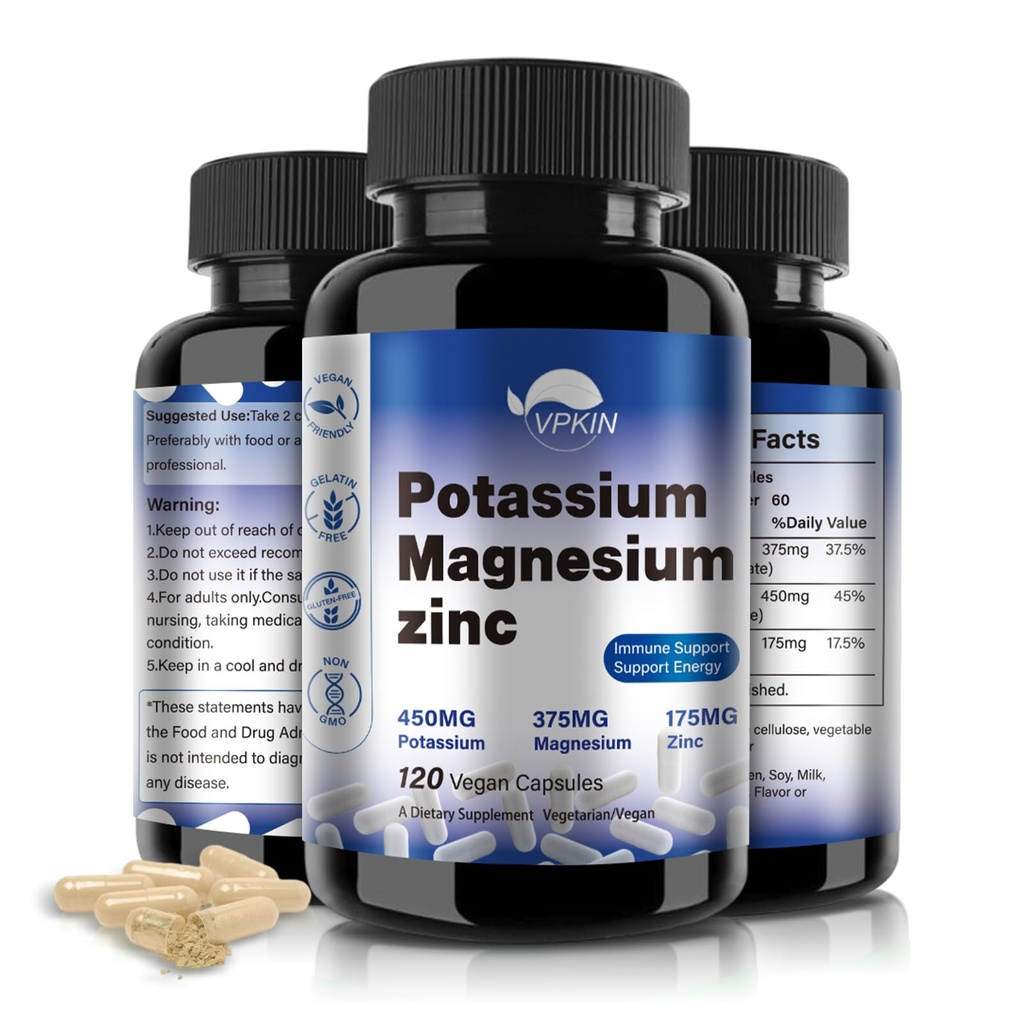 칼륨 마그네슘 마그네슘 보충 1000mg, 마그네슘 칼륨 아연 Aspartate 지원 관, 뼈, 심장, 근육 & 신경 건강, 비 GMO, 비건, (120 캡슐)