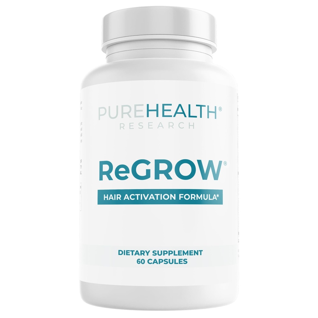 PUREHEALTH RESEARCH ReGrow - 머리 성장 비타민 - Saw Palmetto, Biotin, Collagen, 아연, 철, Iodine, Selenium & More - 여성 및 남성을위한 헤어 보충제 - 60 캡슐