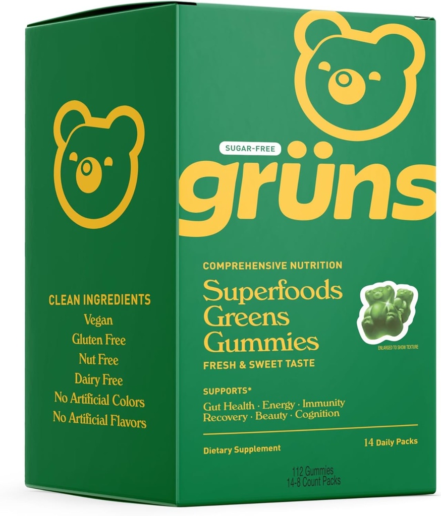Gruns Sugar Free Super Greens Gummy Bears - 유기 Spirulina 및 Chlorella, 소화 건강, 20 + 비타민 및 미네랄, Adaptogens을위한 Prebiotics - 14 sachets - 112 Gummies