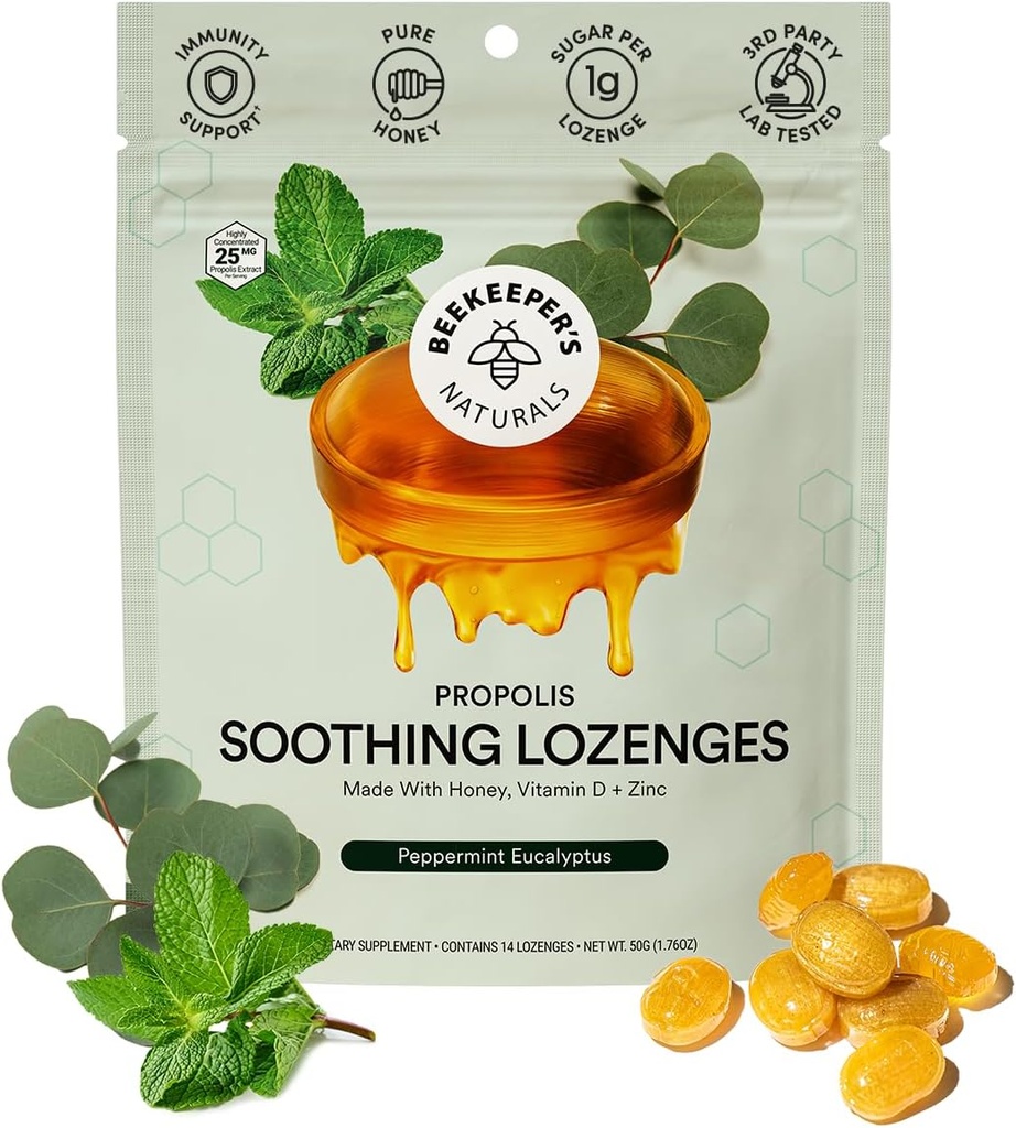 Beekeeper's Naturals Soothing Mint Eucalyptus Cough Drops, 비타민 D, 아연 및 프로 폴리스, 냉각 및 스노트 소오 딩 Lozenges, 14 Ct와 면역 지원