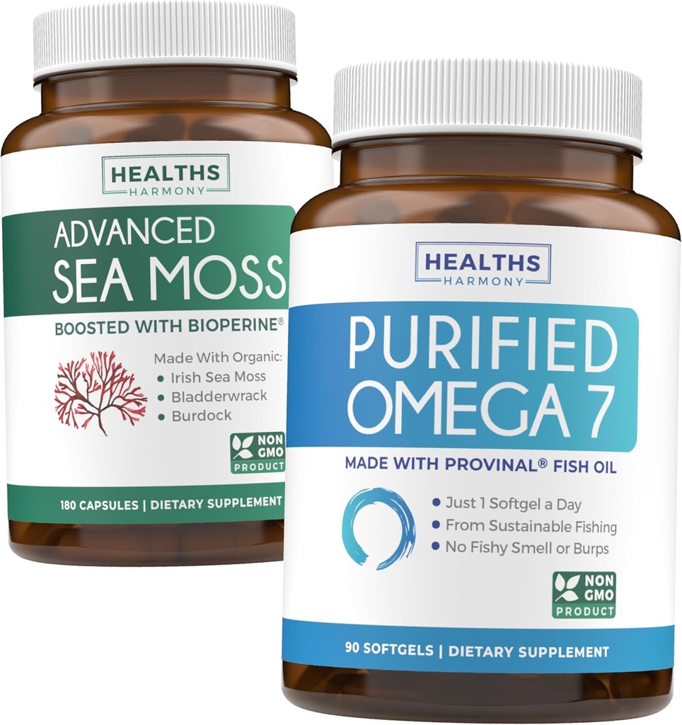 아일랜드어 Sea Moss & Omega 7 (3 개월 공급) Sea Omega Combo 번들 - 유기농 아일랜드어 Sea Moss - Raw Vegan Supplement (180 모자) & Omega 7 Softgels - Provinal Sustainable Peruvian Anchovy Fish Oil -90 모자