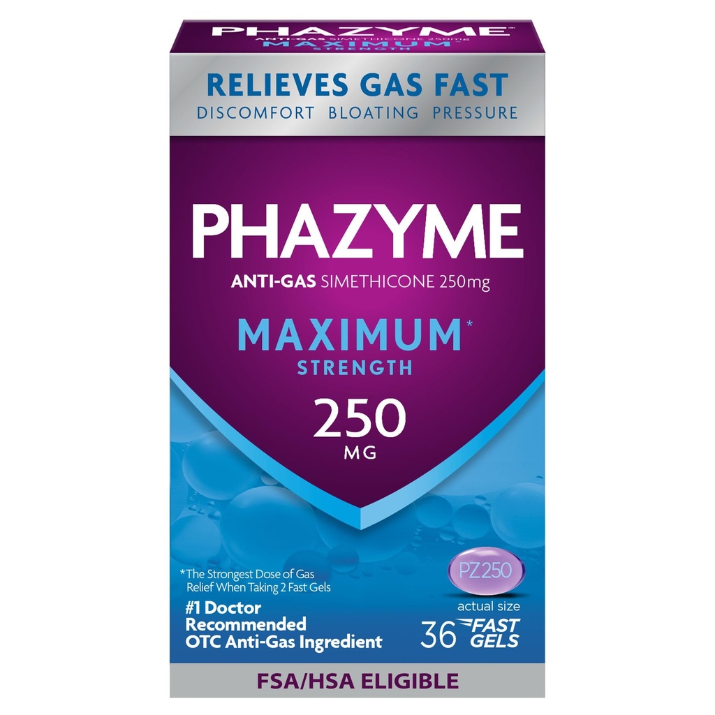 Phazyme 최대 * 힘 반대로 가스 250 mg 성인, 빠른 젤을 위한 Simethicone 가스 기복은, 압력 & 불편, 36 조사를 빨리 에나아 씁니다
