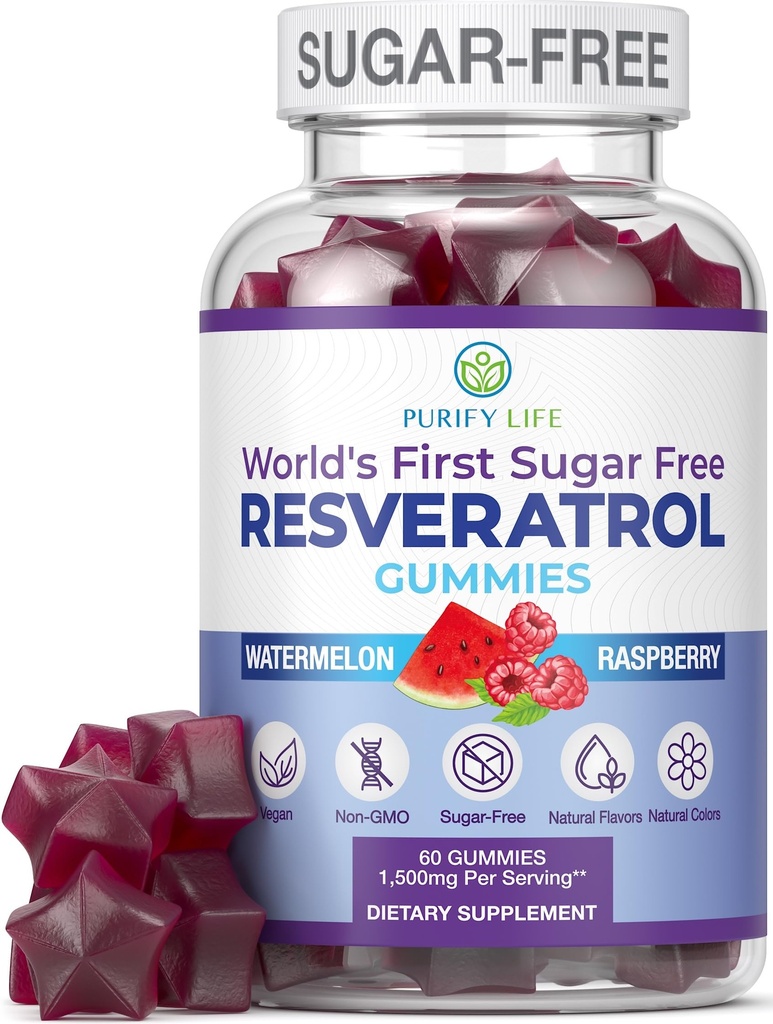 Sugar-Free Resveratrol Gummies - 강력한 노화 방지 산화 방지제 - 소화 및 면역 건강을 지원하는 Resveratrol 보충 - 세포 성장 및 수리를위한 자연 허브 - 쉬운 화학적 대안