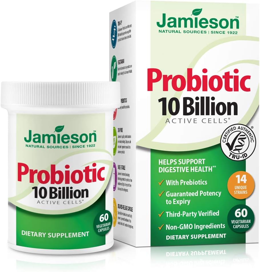 Jamieson Probiotics 10 억 - Digestion, Restore Gut Health 및 Immune 시스템 지원을위한 매일 Probiotic 보충 - 여성 및 남성 (60 카운트)을위한 Probiotics.