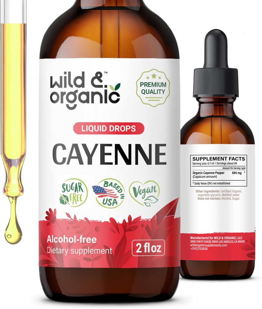 Wild & Organic Cayenne Pepper Tincture - 소화 지원을위한 Capsaicin 보조 식품 - Cayenne Pepper Extract Liquid - Vegan, Alcohol-Free Drops - 2 fl oz