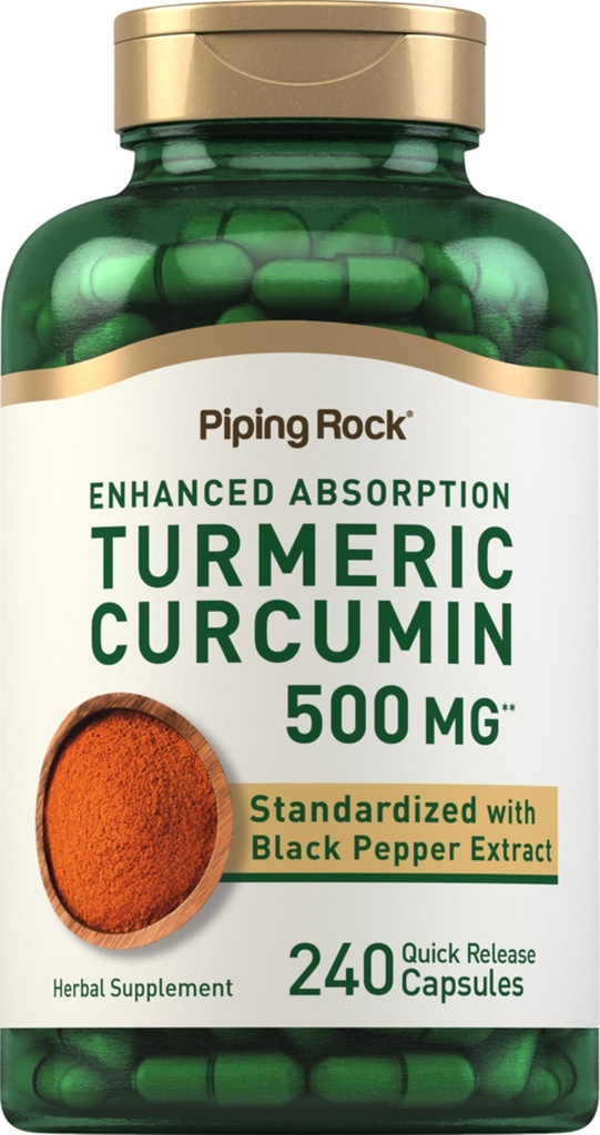 배관 바위 심황 쿠르쿠민 보충 500 mg | 240 캡슐 | 블랙퍼 | 표준화 된 복합 추출물 | Non-GMO, 글루텐 무료