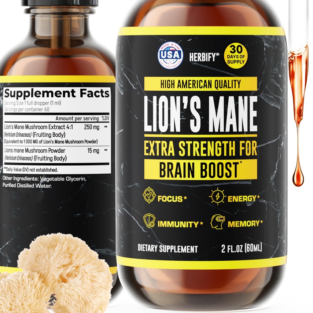 HERBIFY Lions Mane Supplement - 기억, 초점 및 명확성을위한 매일 버섯 보충 - 두뇌 부스터 - Immune 지원을위한 사자 Mane Tincture - 2 Fl oz