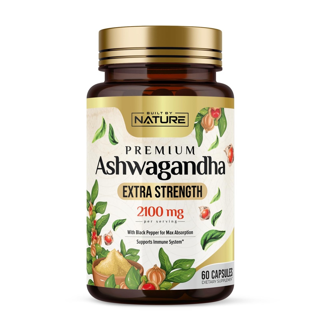 Nature Ashwagandha 2100mg Extra Strength Stress Relief & Mood Support with Black Pepper Extract for Max Absorption - Non-GMO, Vegan, 글루텐 프리 - 60 캡슐