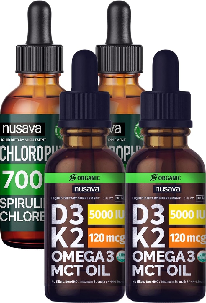 NUSAVA Unflavored D3 K2 Drops and Chlorophyll Liquid Drops Bundle - 심장, 관절, 에너지 및 면역 지원을위한 강력한 액체 비타민 - Non-GMO, 글루텐 프리, 2pk 각각