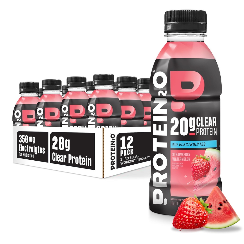 Protein2o Hydration 음료 - 2-in-1 액체 Clear Whey Protein Isolate 및 Electrolyte 음료 - 20g Protein, Vitamin B5, B6 - Post-Workout Recovery - 16.9 Fl Oz - 12 Count Strawberry Watermelon