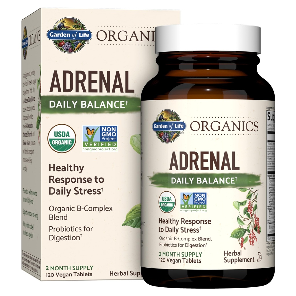 생명 유기의 정원 Adrenal 매일 균형, Adaptogenic 허브 Ashwagandha, Holy Basil, B Complex & Probiotics, 유기 비 GMO, Vegan, 글루텐 무료 보충, 2 개월 공급, 120 정제