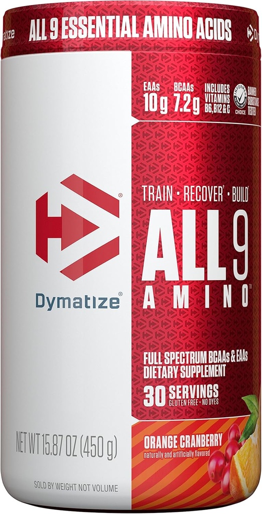 Dymatize All9 아미노산, BCAA의 7.2g, 복구 및 최적의 근육 단백질 종합, 오렌지 크랜베리, 30 서빙, 15.87 Ounce에 대한 서빙 당 풀 스펙트럼 필수 아미노산의 10g