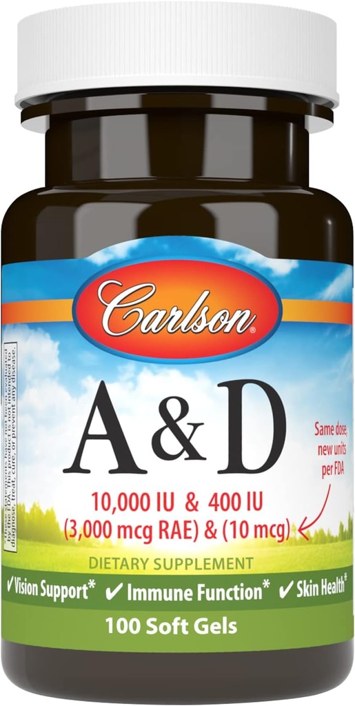 Carlson - A & D, 10000 IU (3000 mcg RAE) 비타민 A, 400 IU (10 mcg) 비타민 D3의 시각 지원, 피부 건강, 100 연약한 젤