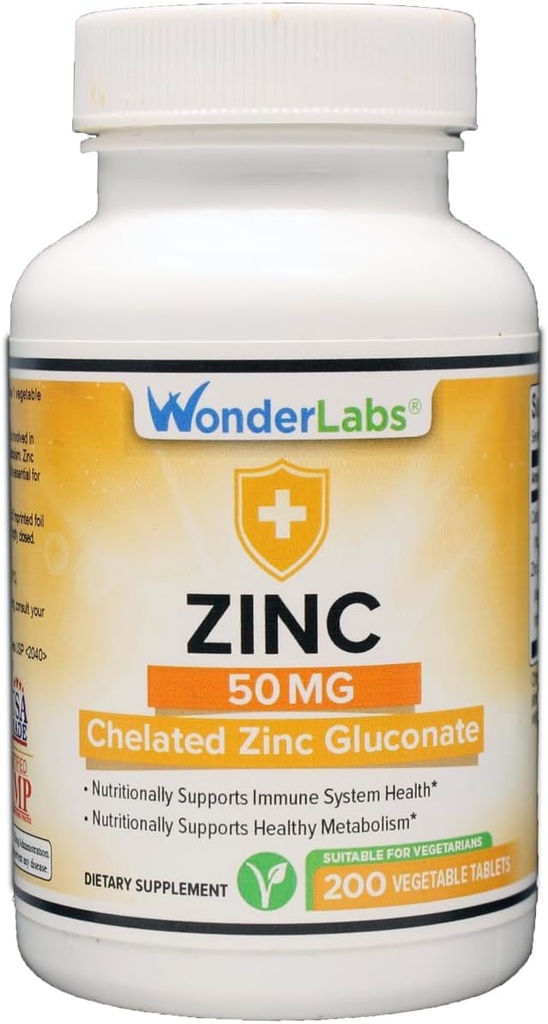 Wonder Laboratories Chelated 아연 Gluconate 50 mg - 건강한 피부, 면역 체계, 세포 성장 및 더 많은 것을 지원합니다 - 200 채식 정제