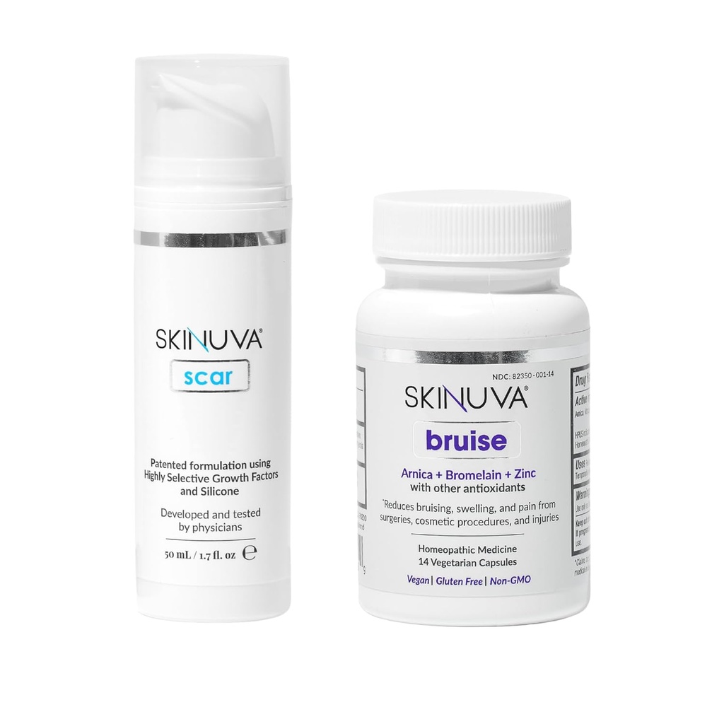 Skinuva® Scar (1.7 oz) & Bruise (14 캡슐) - 성장 인자 & Homeopathic Bruise Remedy와 공식화 된 고급 실리콘 크림 Arnica, Bromelain 및 아연