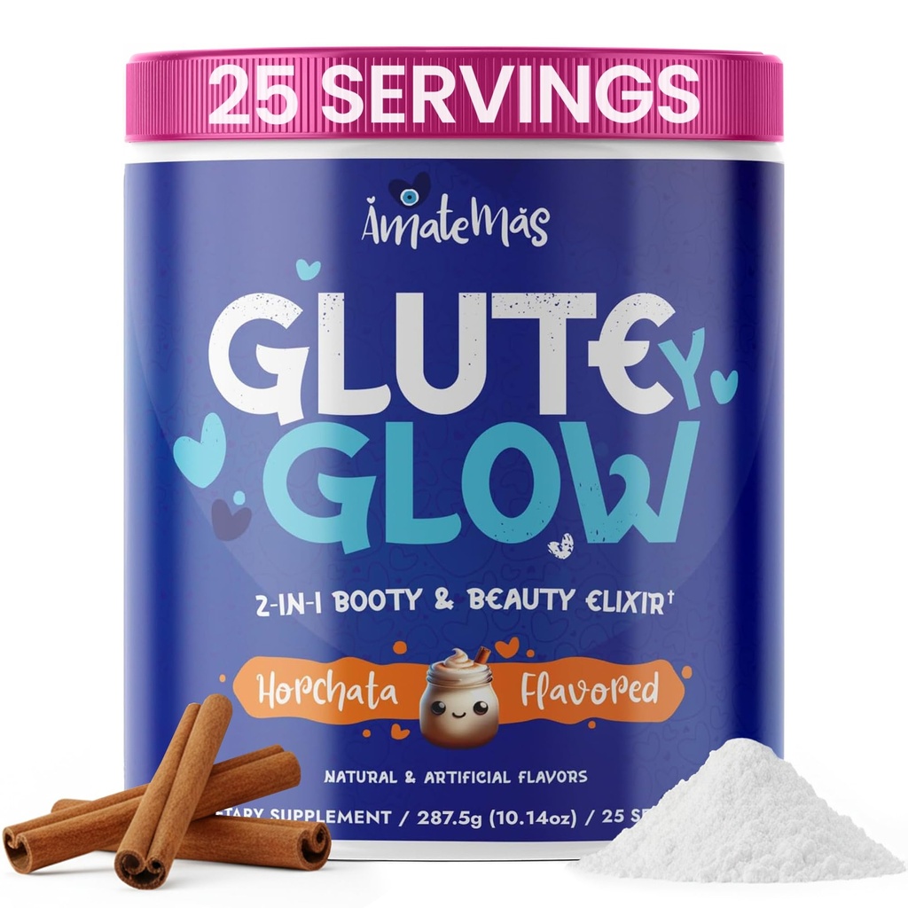 Glute Y Glow by Amatemas – 근육 성장을 위한 여성 Creatine + Biotin 보충교재, 글루텐 지원, 머리 피부 & 못 – Horchata 풍미 – 에너지 지원 – Lean 근육 – 매일 성과 혼합