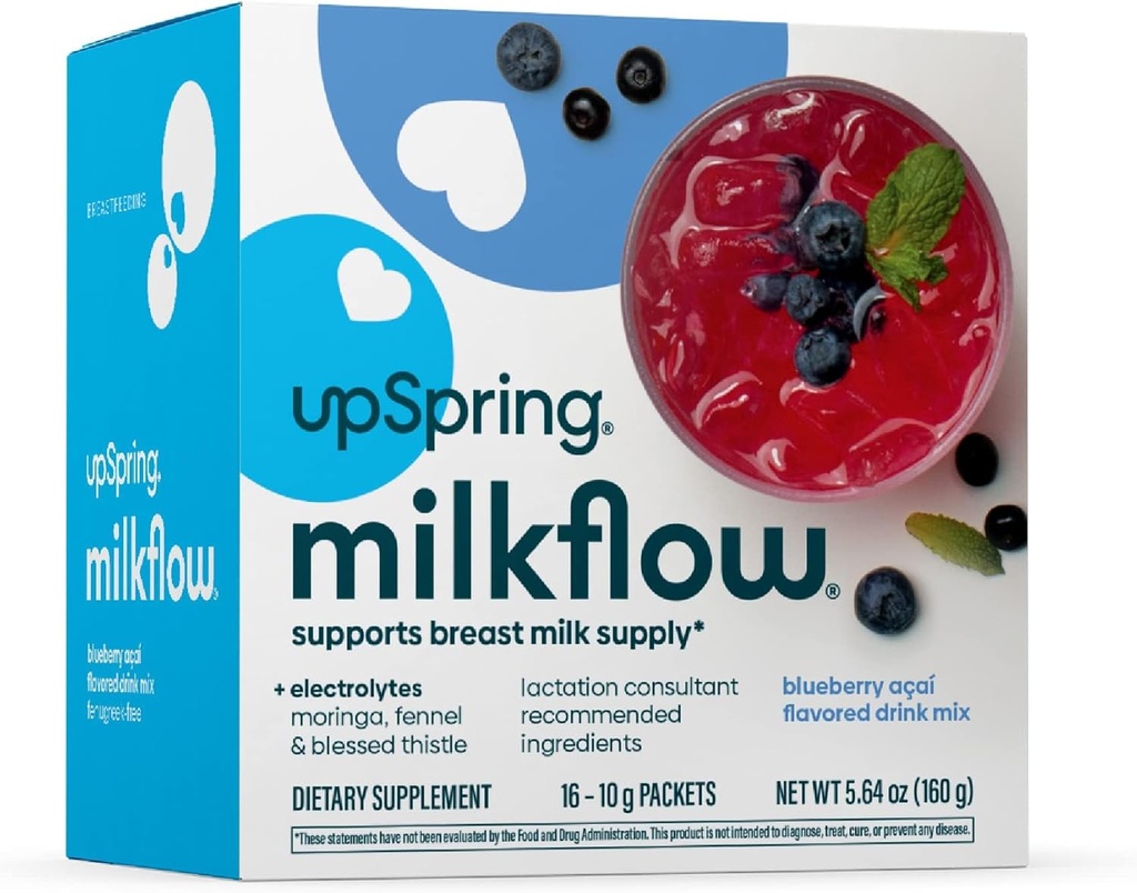 UpSpring Milkflow Electrolyte Breastfeeding 보충 음료 혼합 Fenugreek-Free, Moringa & Blueberry Acai 풍미, 모유 수유 지원 Breast 우유 공급 및 전기로트, 16 혼합