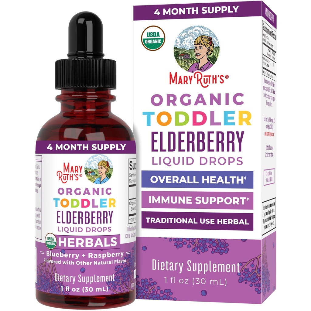 MaryRuth Organics Toddler Elderberry Syrup, USDA Organic Elderberry, 설탕 무료 키즈 Immune Support Supplement for Ages 1-3 Years, Clean Label Project Verified®, Vegan, Non-GMO, 글루텐 무료, 1 Fl Oz