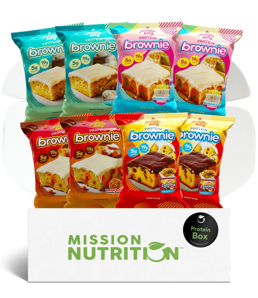 Prime Bites Protein Brownies Variety Pack Blondies - 고단백 (19g), 콜라겐 & Whey Protein, 낮은 설탕 - 8 카운트 스낵 & 선물 상자