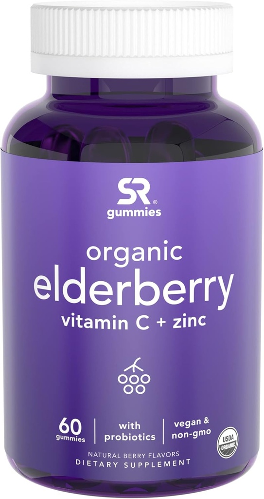 Elderberry Gummies 농축액 (65:1) 비타민 C, 아연 및 면역 지원 및 Gut 건강을위한 프로 바이오 틱스 | USDA 유기, Vegan 인증 및 비 GMO 인증 (60 Vegan Gummies)