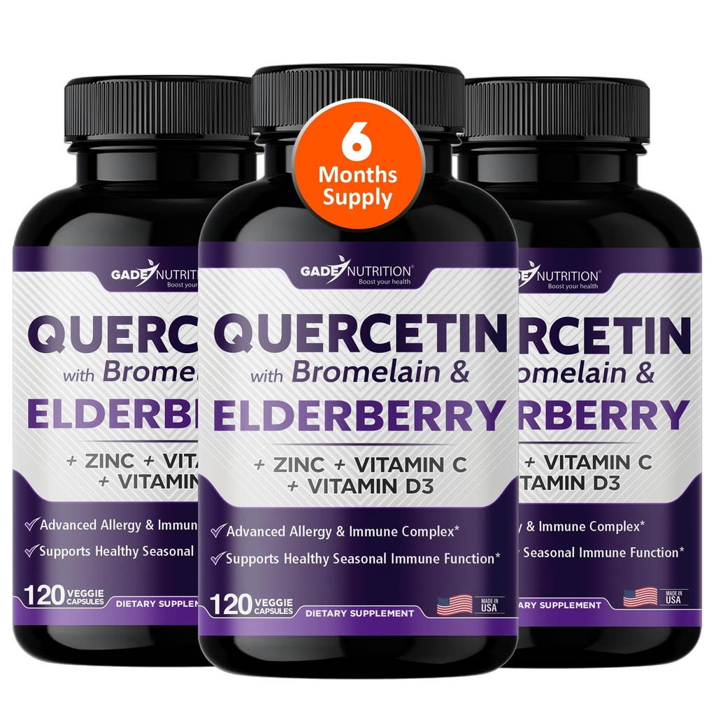 Bromelain & Elderberry가있는 Gade Nutrition Quercetin | 비타민 C 및 아연이있는 Quercetin | 비타민 D3가있는 아연 Quercetin 500mg | 매일 면역 지원 보충교재 - 6 개월 공급