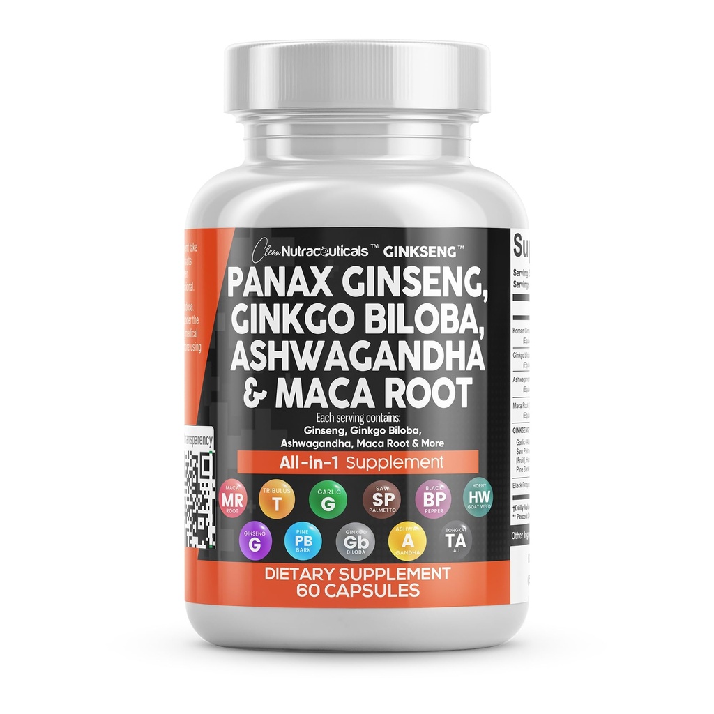 Clean Nutraceuticals Panax Ginseng Ginkgo Biloba Ashwagandha Maca Root - Pine Bark Extract, Garlic 및 Saw Palmetto - 60 Caps와 여성 및 남성을위한 초점 보충 알약