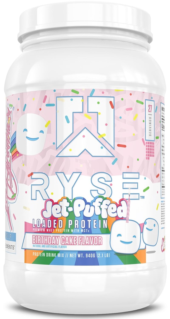RYSE로드 된 단백질 분말 - 제트 퍼프 생일 케이크 - 25g Whey Protein Isolate & Prebiotic Fiber & MCTs와 농축 - 낮은 Carb, 낮은 설탕, 소화 - 친절 - 27 서빙 / 2 lb Tub