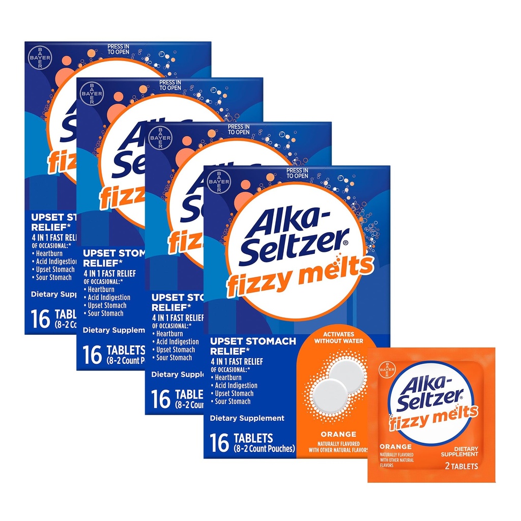 Alka-Seltzer Fizzy Melts, Tongue에 용해, 물 필요 없음, On-The-Go Dietary Supplement Antacid 정제, Occasional Heartburn 및 산성 Indigestion *, 오렌지 맛, 64 조사의 기복
