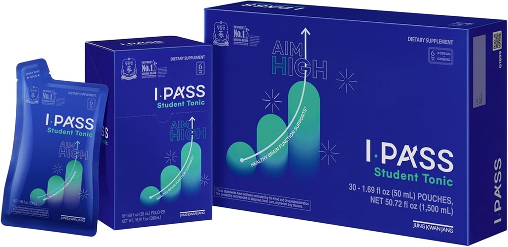JungKwanJang iPass Student Tonic - Adaptogen Energy Drink Supplement with Korean Red Ginseng, Jujube, Astragalus & Angelica - 학교 및 활동을위한 일일 지원 (30 파우치, 1.69 fl oz)