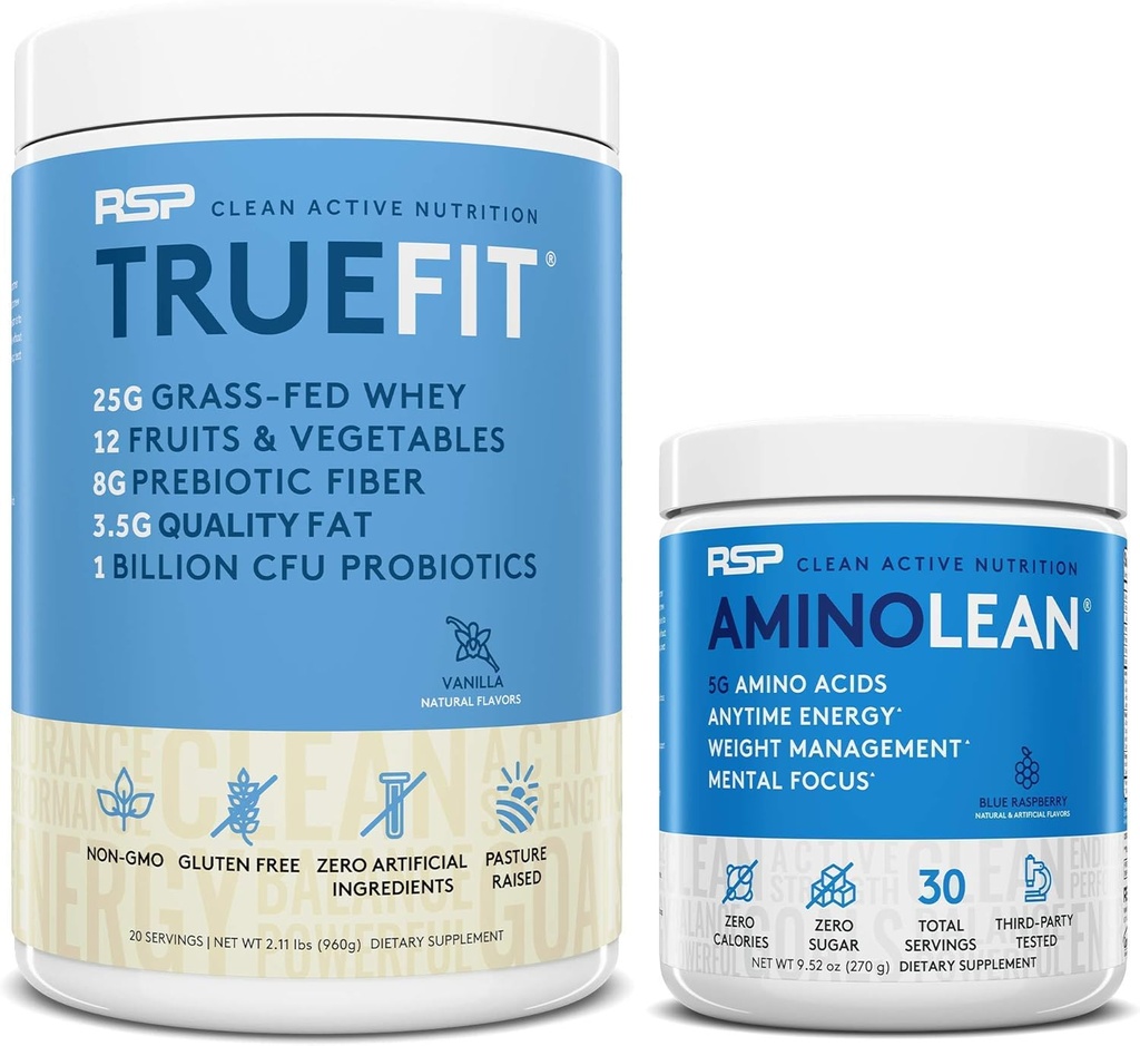AminoLean Pre 운동 에너지 (블루 라즈베리 30 서빙) TrueFit Protein Powder (Vanilla 2 LB)