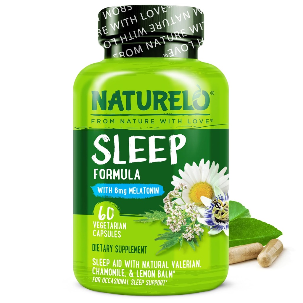 NATURELO 수면 보조 - Melatonin, Magnesium, GABA, Valerian Root, Lemon Balm, Chamomile Herbal Extracts - 식물 기반 수면 보조 - 60 Vegan 캡슐
