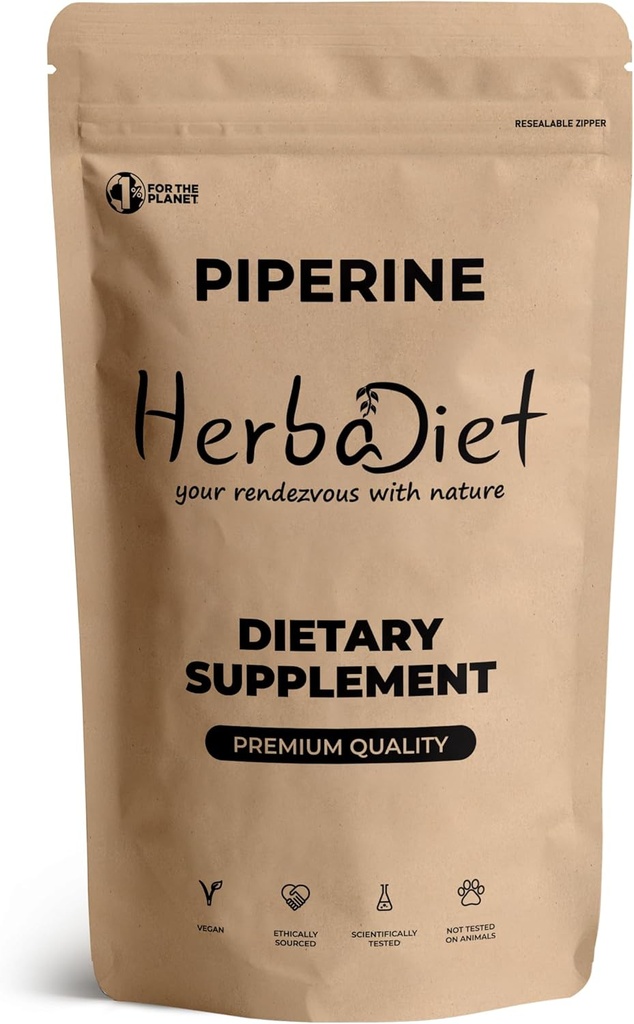 Herbadiet Piperine 95 % 분말 | 블랙 페퍼 추출물 분말 95 % Hplc | 생체 이용 성 강화제, 부스트 영양소 섭취| 글루텐 무료, 비 GMO 대량 보충 (0.35 온스 / 10 gm)