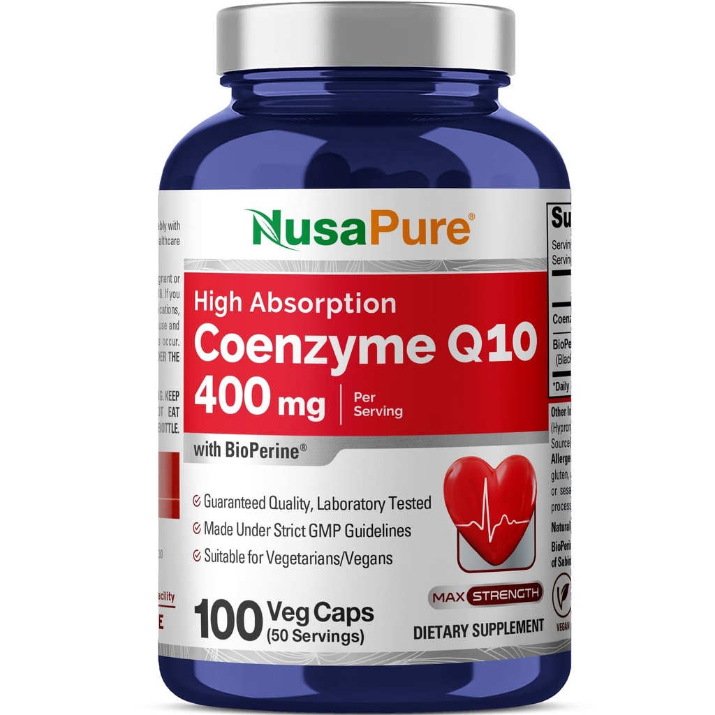 NusaPure CoQ10 400mg 100 Veggie 모자 (비건, 비 GMO) Coenzyme Q10 보충교재, 산화 방지제 COQ-10 효소, Coq 10